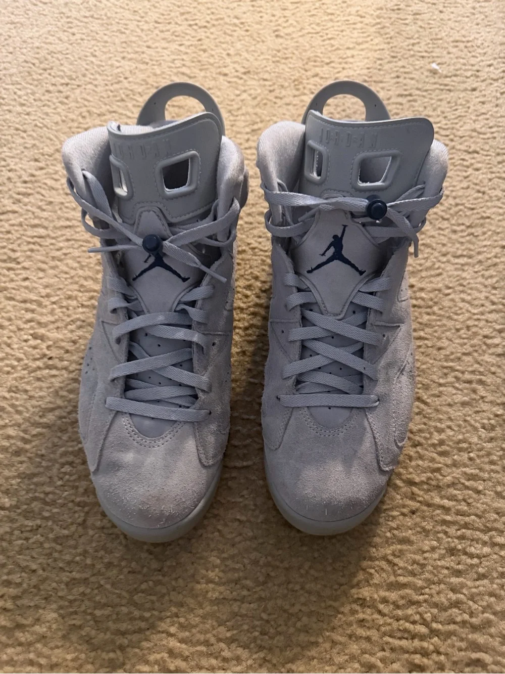 Jordan Light Gray Suede High-Top Sneakers with Navy Jumpman